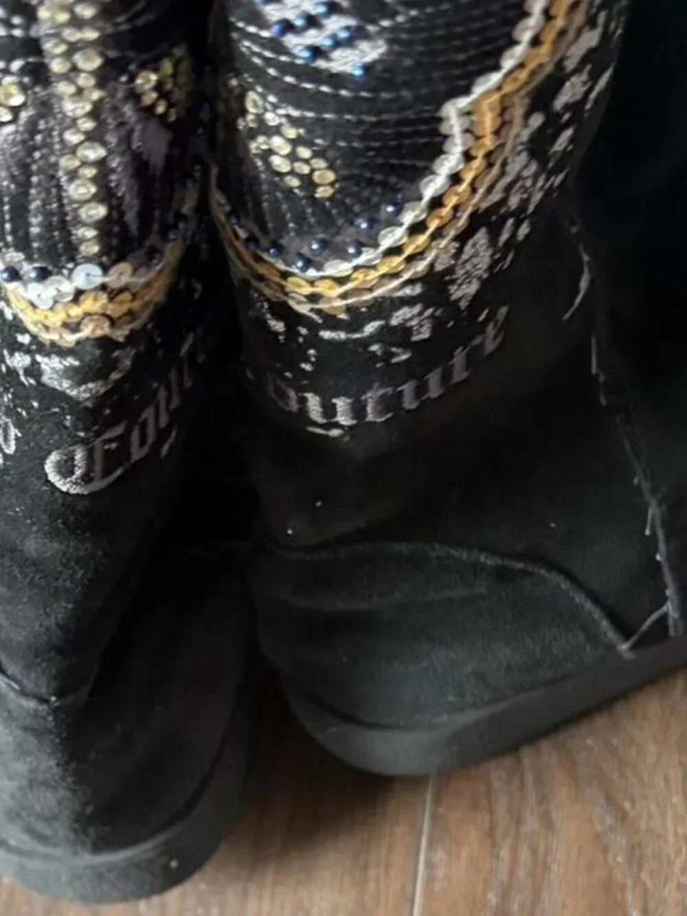 Juicy Couture black suede boots with gold & white butterfly graphic size 7